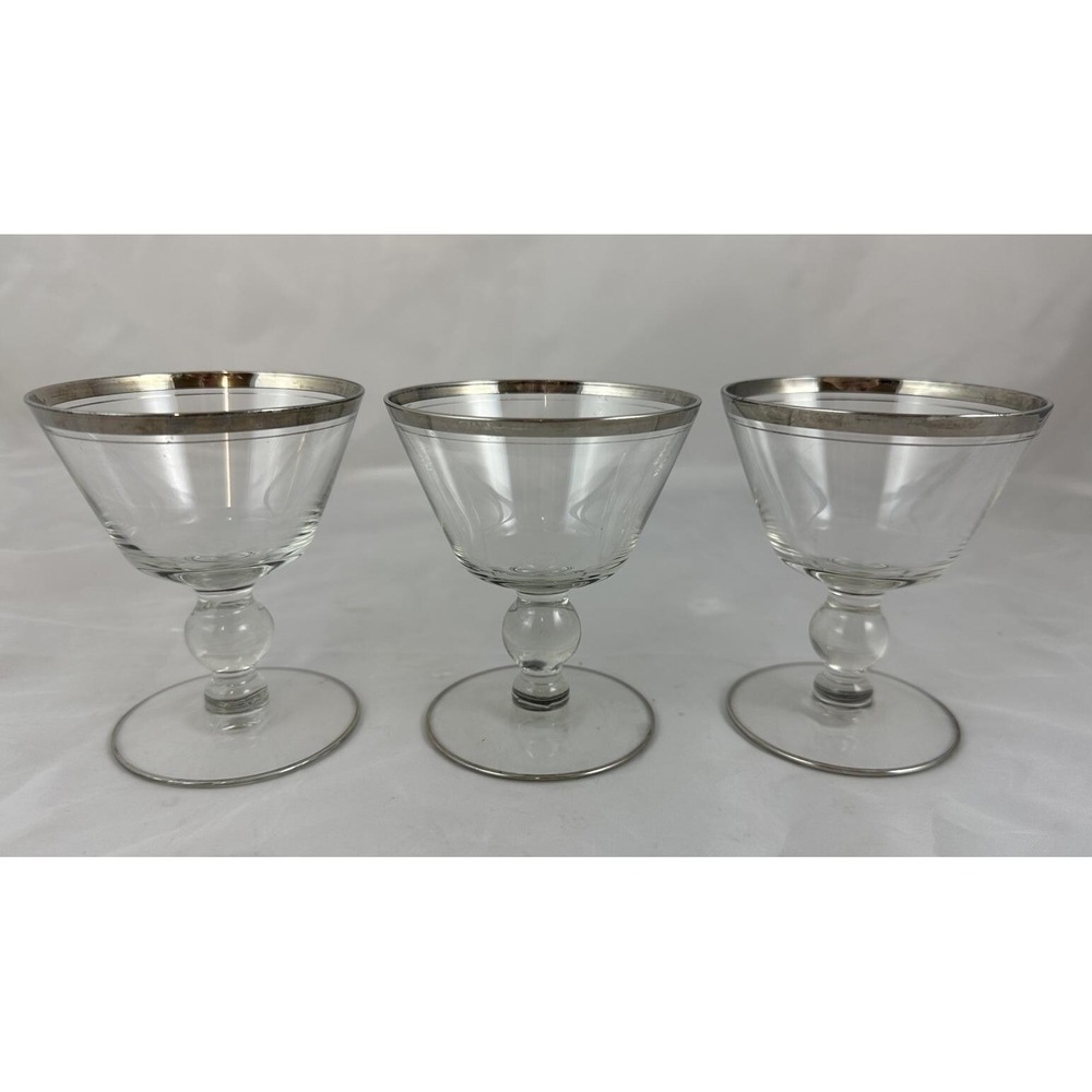 Glastonbury Lotus Moonlite Champagne/Tall Sherbet Glasses Set Of 3 Silver Rim